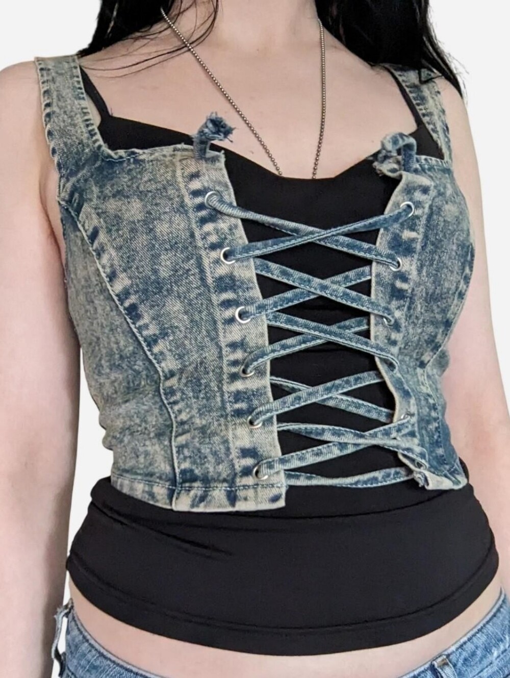 stonewash denim lace up corset style crop top